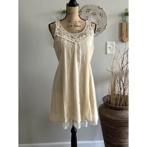 Vtg Blue Bird Dress Cream Sleeveless Scoop Neck Floral Lace Tie Pleated Large